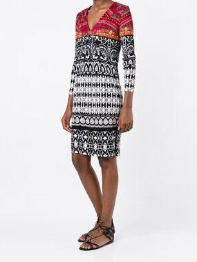 Etro Silk Boho Dress | Ethnic Print V Neck Long Sleeve Designer IT 40